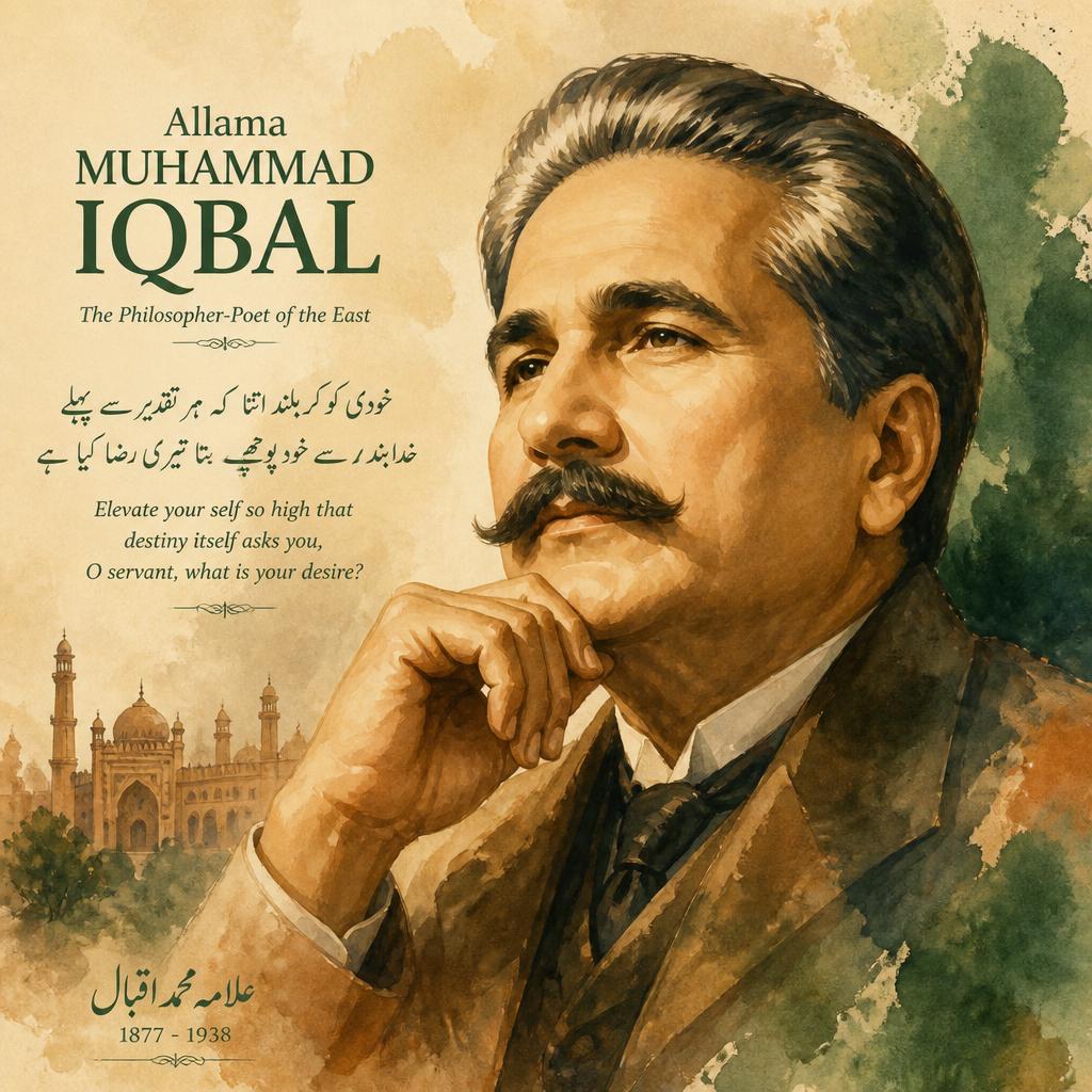 Painted portrait of Allama Muhammad Iqbal, philosopher-poet of the East